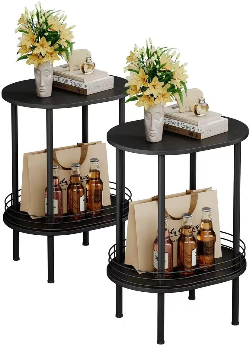 Nightstand Set of 2,Small Modern Round Side Table with Storage,2-Tier End Table for Small Space -Living Room,Bedroom, Nursery (2PC,Black)