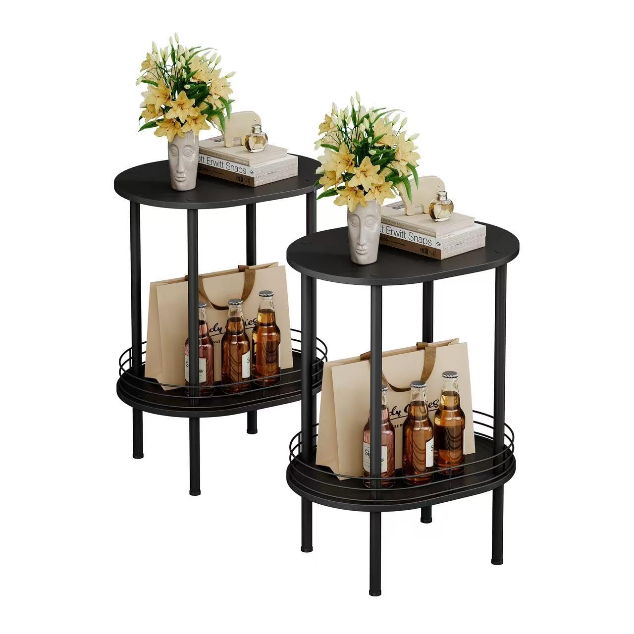 Nightstand Set of 2,Small Modern Round Side Table with Storage,2-Tier End Table for Small Space -Living Room,Bedroom, Nursery (2PC,Black)