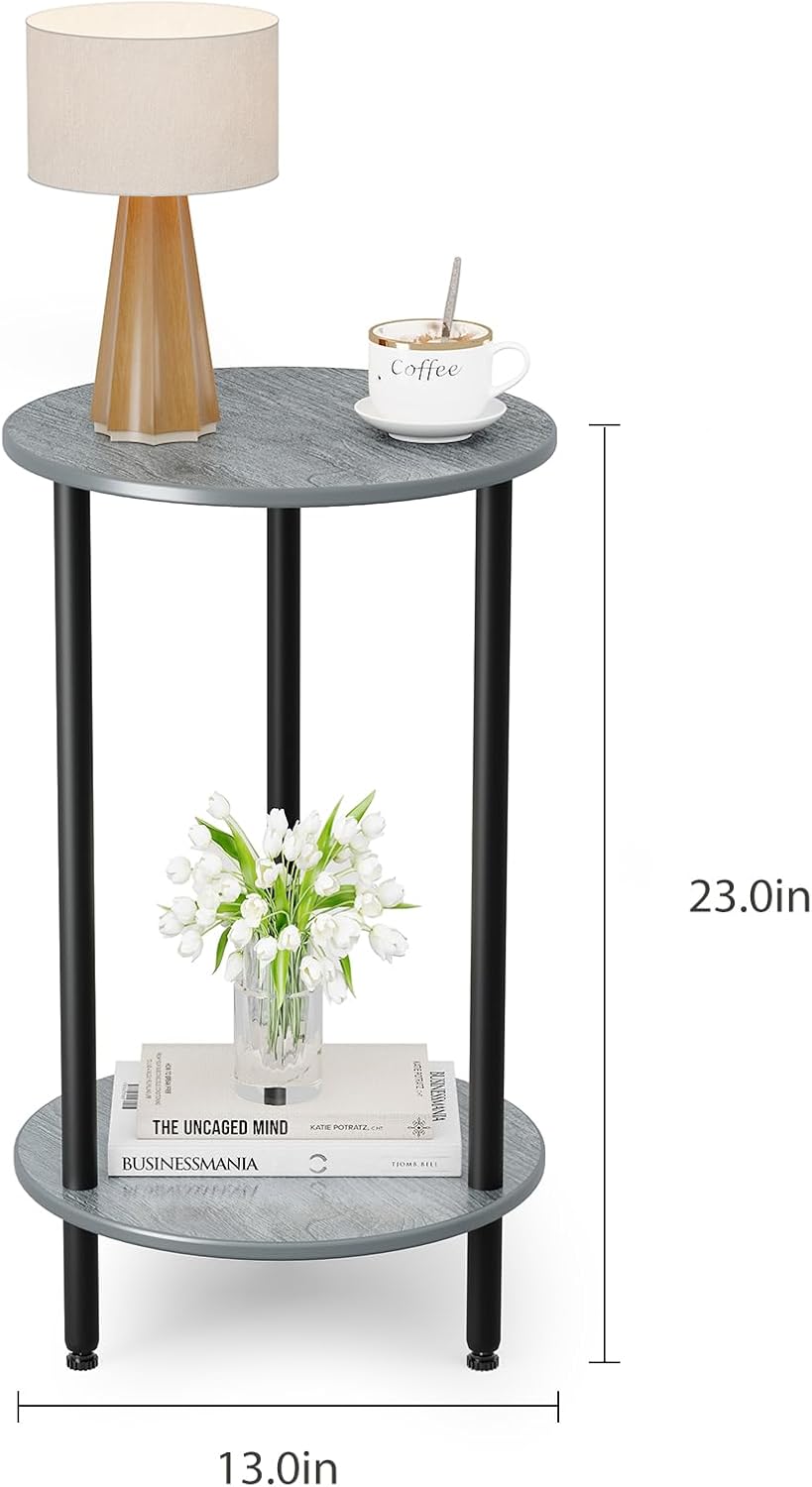 Round Side Table Set of 2, Grey Round End Table with Storage, 2-Tier Modern Accent Table, Small Bedside Table for Living Room, Bedroom-Grey