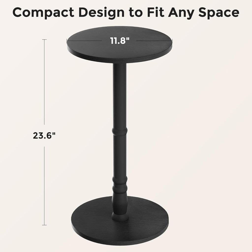 Homleke 12" Round Side Tables Set of 2, Solid Wood Pillar with Wood Top & Base, Small Drink Accent Table for Living Room, Bedroom, Sofa & Office, Easy Assembly, Black