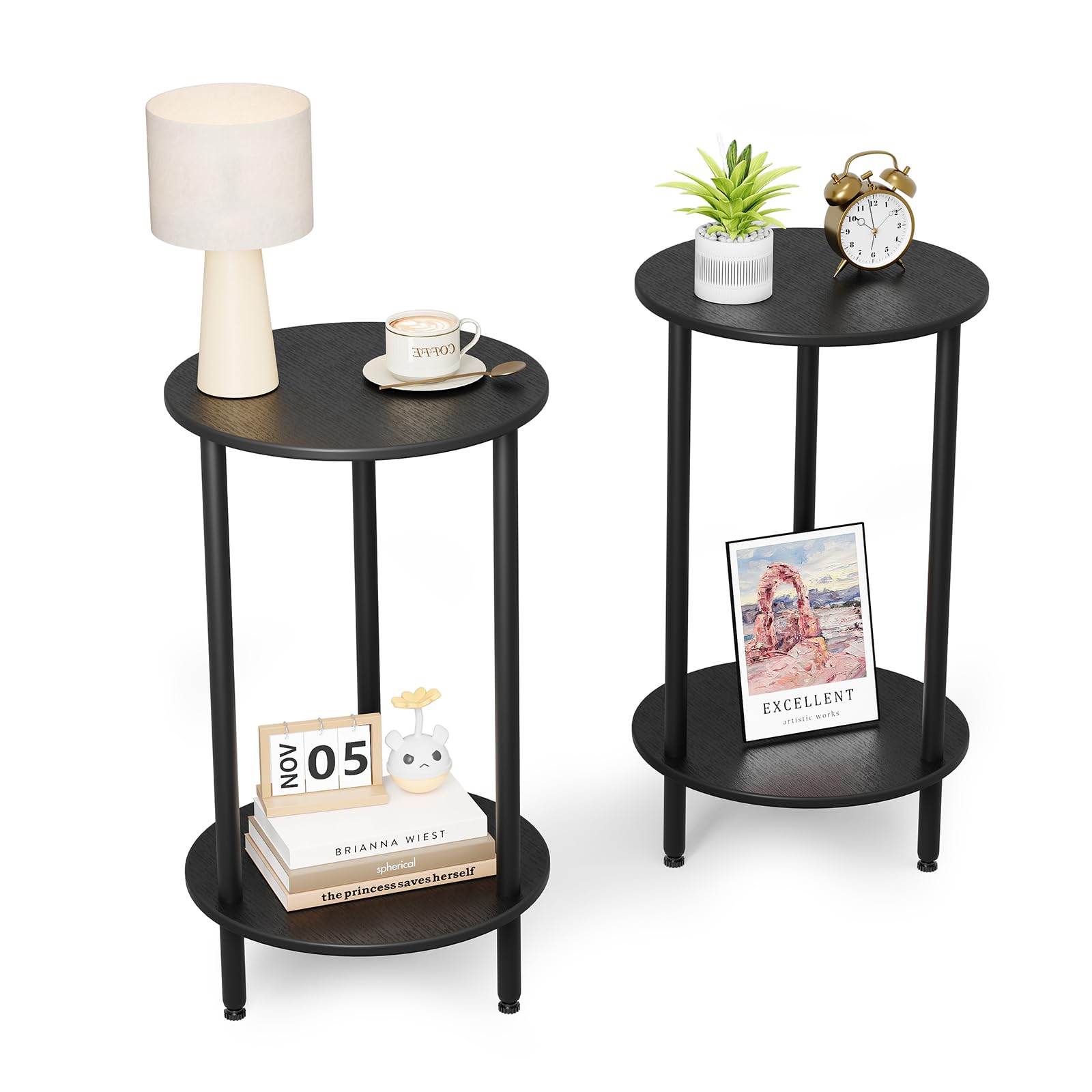 Round Side Table Set of 2, Grey Round End Table with Storage, 2-Tier Modern Accent Table, Small Bedside Table for Living Room, Bedroom-Grey