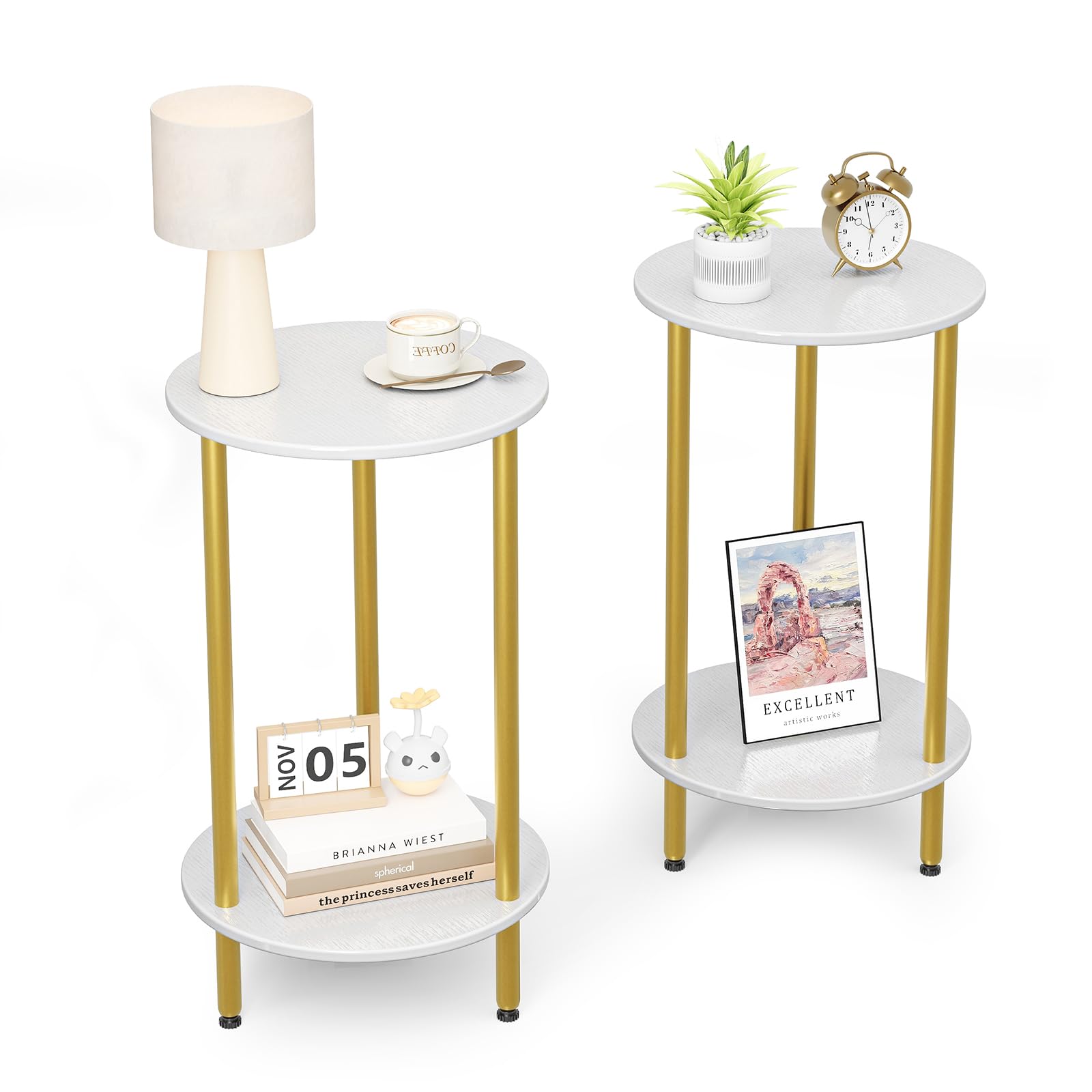 Round Side Table Set of 2, Grey Round End Table with Storage, 2-Tier Modern Accent Table, Small Bedside Table for Living Room, Bedroom-Grey