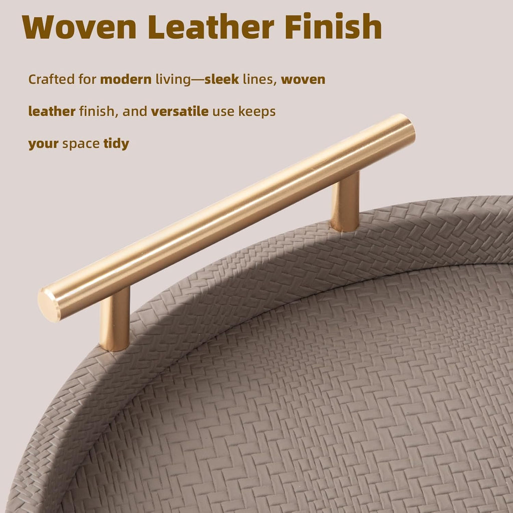 2 Piece Coffee Brown Round Serving Tray with Handles, Woven-Texture Faux Leather Ottoman Tray for Living Room, Decorative Tray for Coffee Table Home Decor