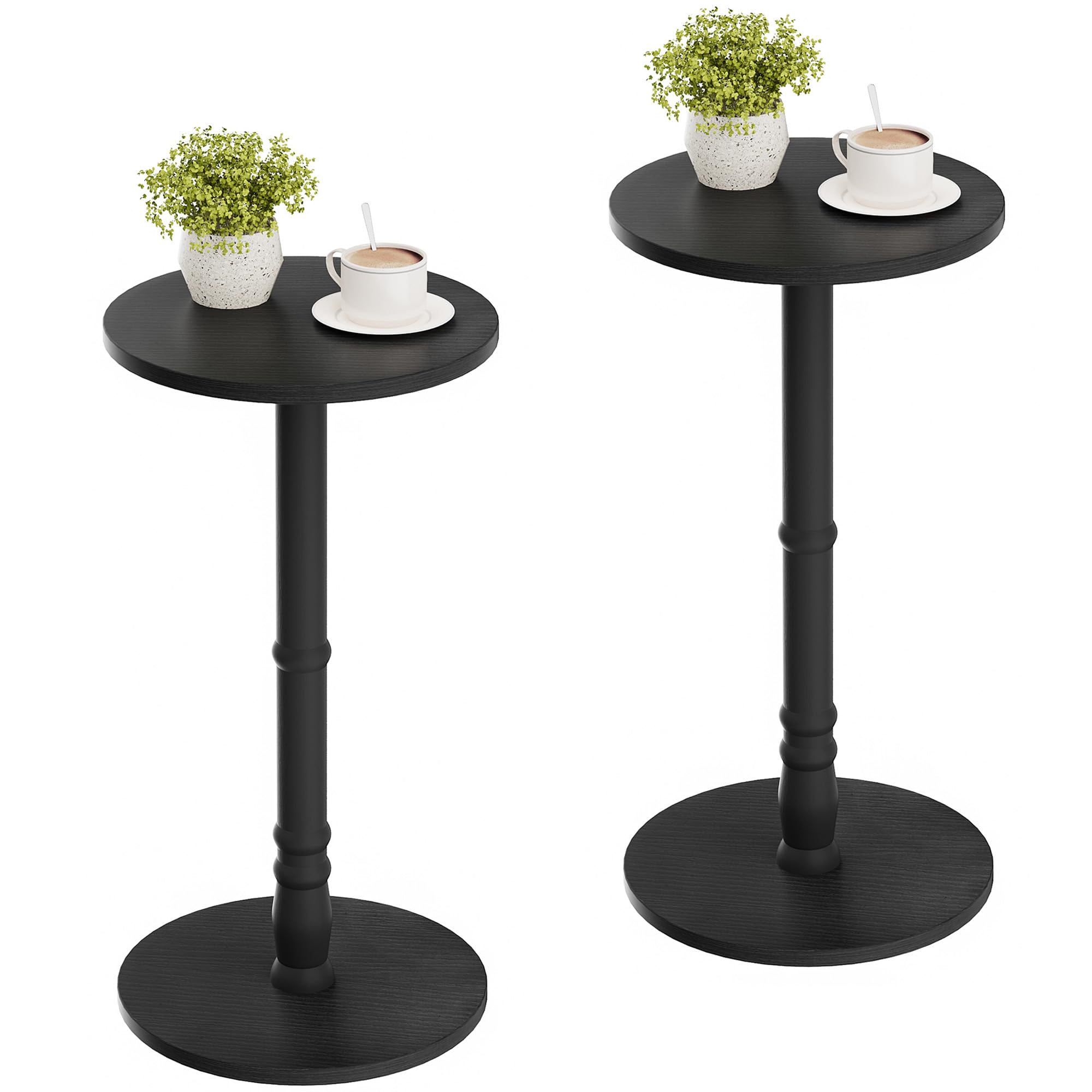 Homleke 12" Round Side Tables Set of 2, Solid Wood Pillar with Wood Top & Base, Small Drink Accent Table for Living Room, Bedroom, Sofa & Office, Easy Assembly, Black