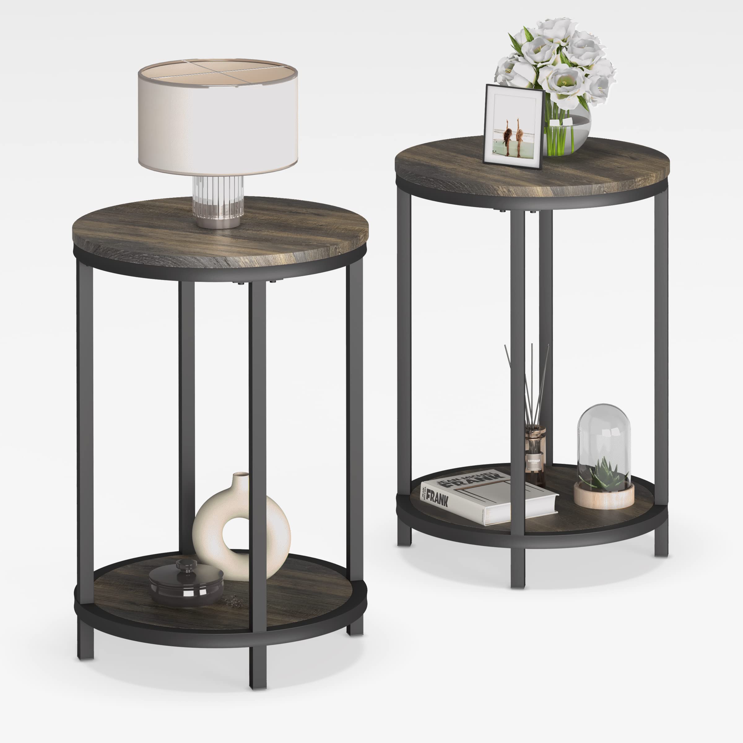 NSdirect Round Side Table Set of 2,16in Rustic Wooden End Table Surface Top & Sturdy Metal Legs Nightstand for Living Room Bedroom Farmhouse Sofa Table with Storage Open Shelf,Light Walnut