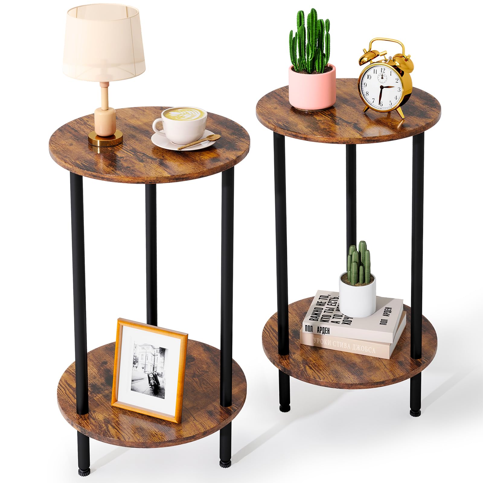 Round Side Table Set of 2, Grey Round End Table with Storage, 2-Tier Modern Accent Table, Small Bedside Table for Living Room, Bedroom-Grey