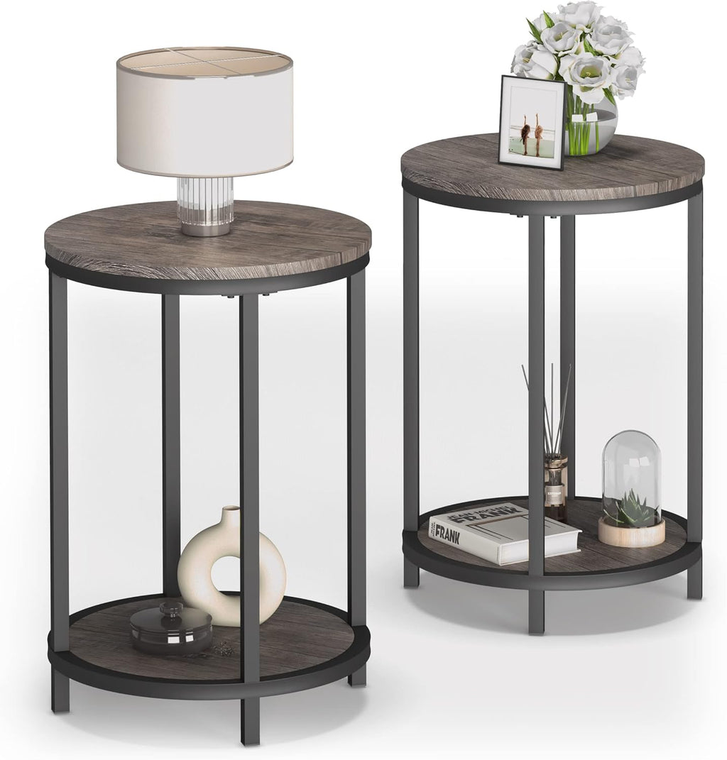NSdirect Round Side Table Set of 2,16in Rustic Wooden End Table Surface Top & Sturdy Metal Legs Nightstand for Living Room Bedroom Farmhouse Sofa Table with Storage Open Shelf,Light Walnut