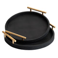 2 Piece Coffee Brown Round Serving Tray with Handles, Woven-Texture Faux Leather Ottoman Tray for Living Room, Decorative Tray for Coffee Table Home Decor