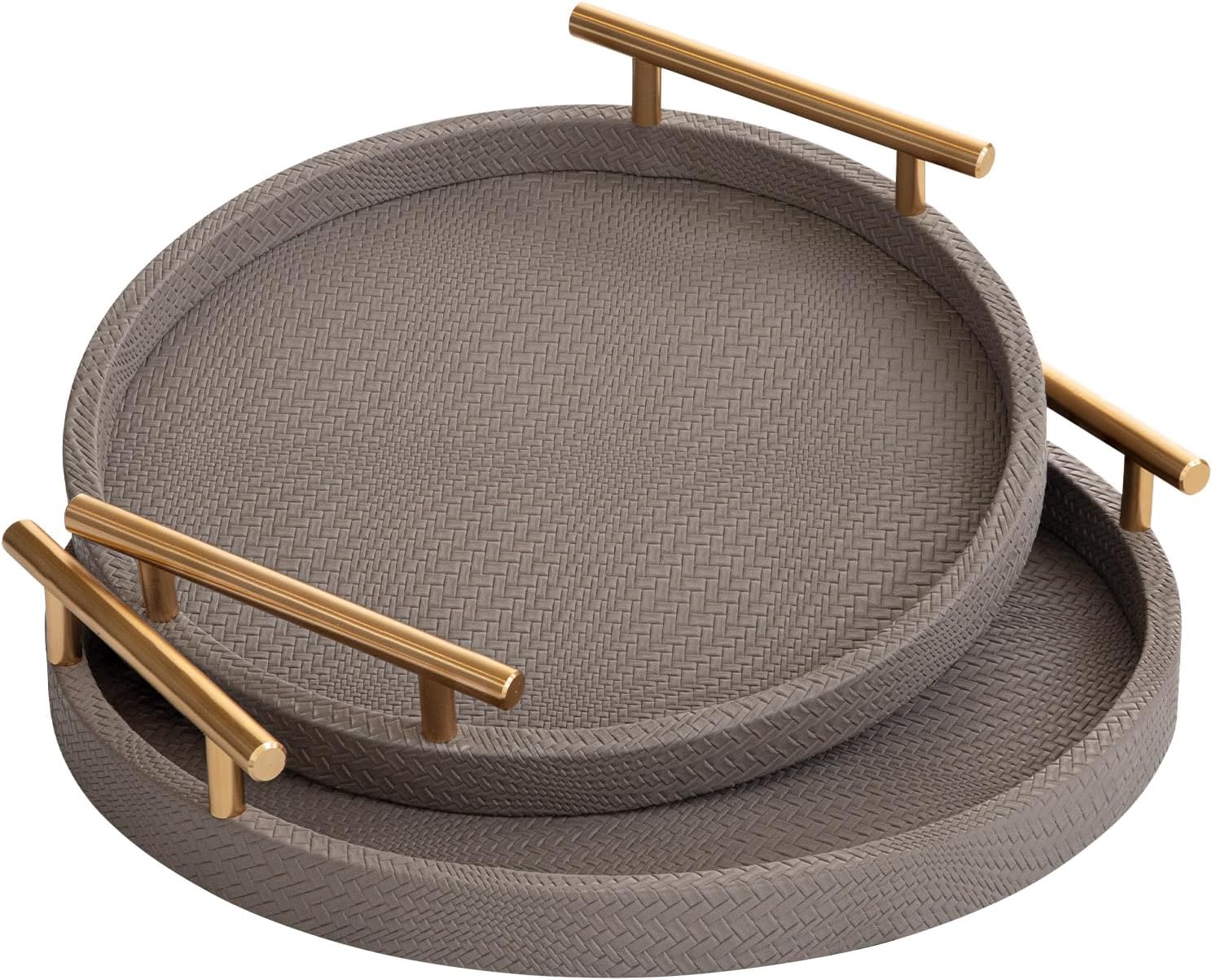 2 Piece Coffee Brown Round Serving Tray with Handles, Woven-Texture Faux Leather Ottoman Tray for Living Room, Decorative Tray for Coffee Table Home Decor