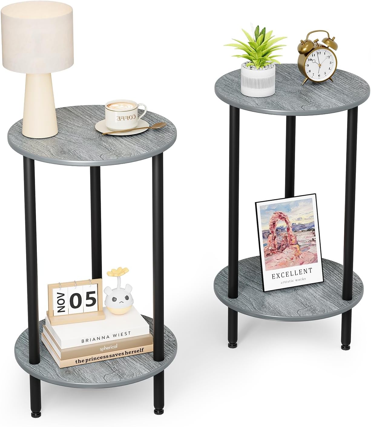 Round Side Table Set of 2, Grey Round End Table with Storage, 2-Tier Modern Accent Table, Small Bedside Table for Living Room, Bedroom-Grey