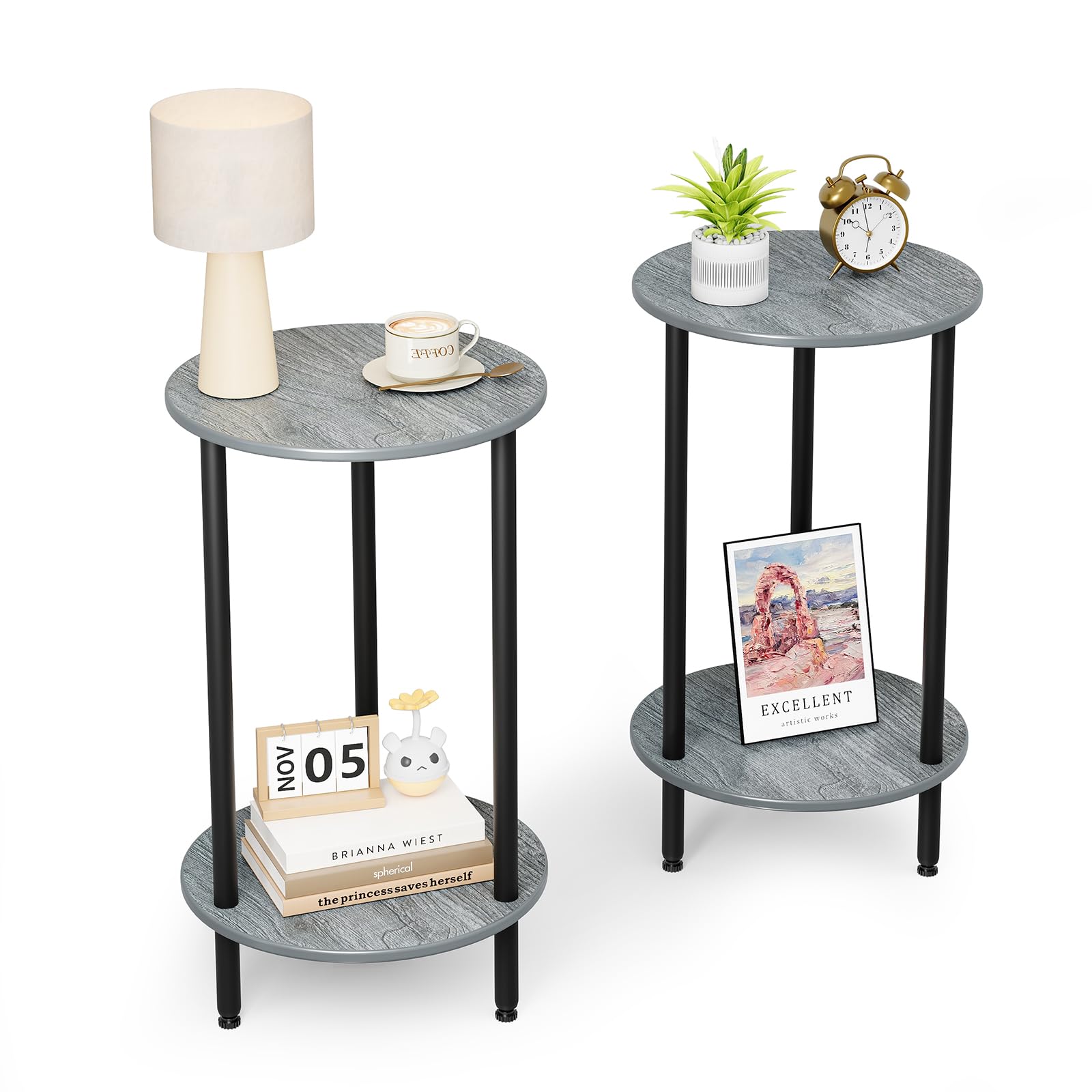 Round Side Table Set of 2, Grey Round End Table with Storage, 2-Tier Modern Accent Table, Small Bedside Table for Living Room, Bedroom-Grey