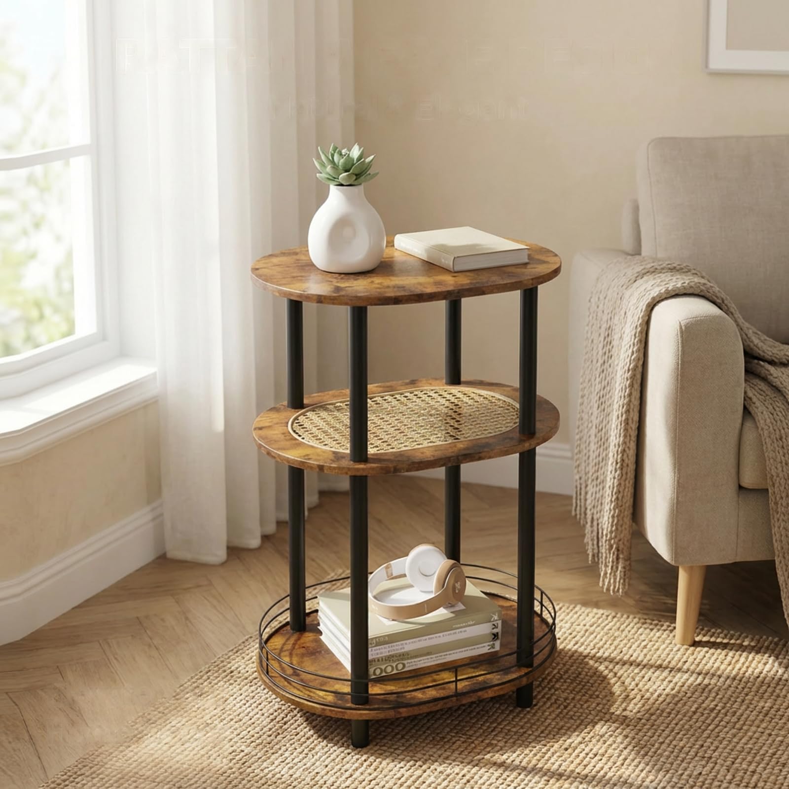 Round Side Table Set of 2, Grey Round End Table with Storage, 2-Tier Modern Accent Table, Small Bedside Table for Living Room, Bedroom-Grey