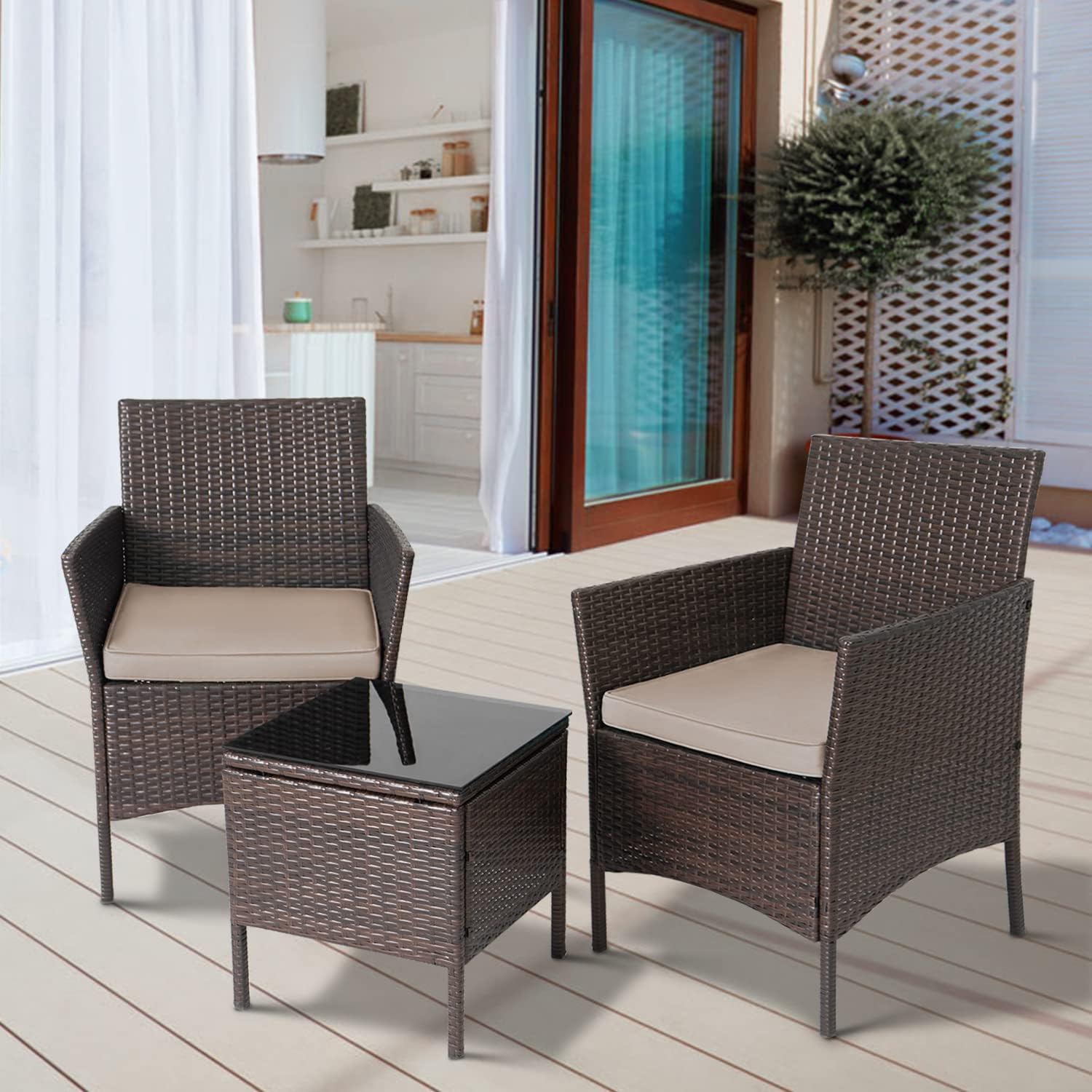 3-Piece Outdoor Wicker Conversation Bistro Set Outdoor Patio Porch Furniture Sets for Yard, Garden with 2 PE Rattan Wicker Chairs, 2 Cushions,1 Coffee Table