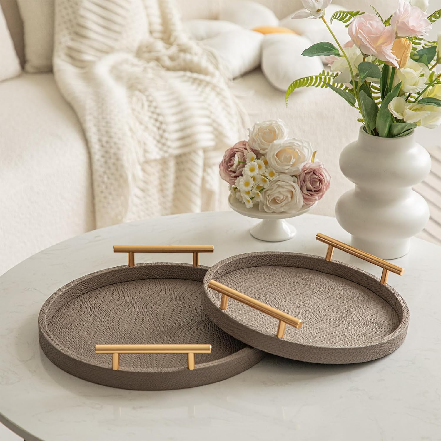 2 Piece Coffee Brown Round Serving Tray with Handles, Woven-Texture Faux Leather Ottoman Tray for Living Room, Decorative Tray for Coffee Table Home Decor