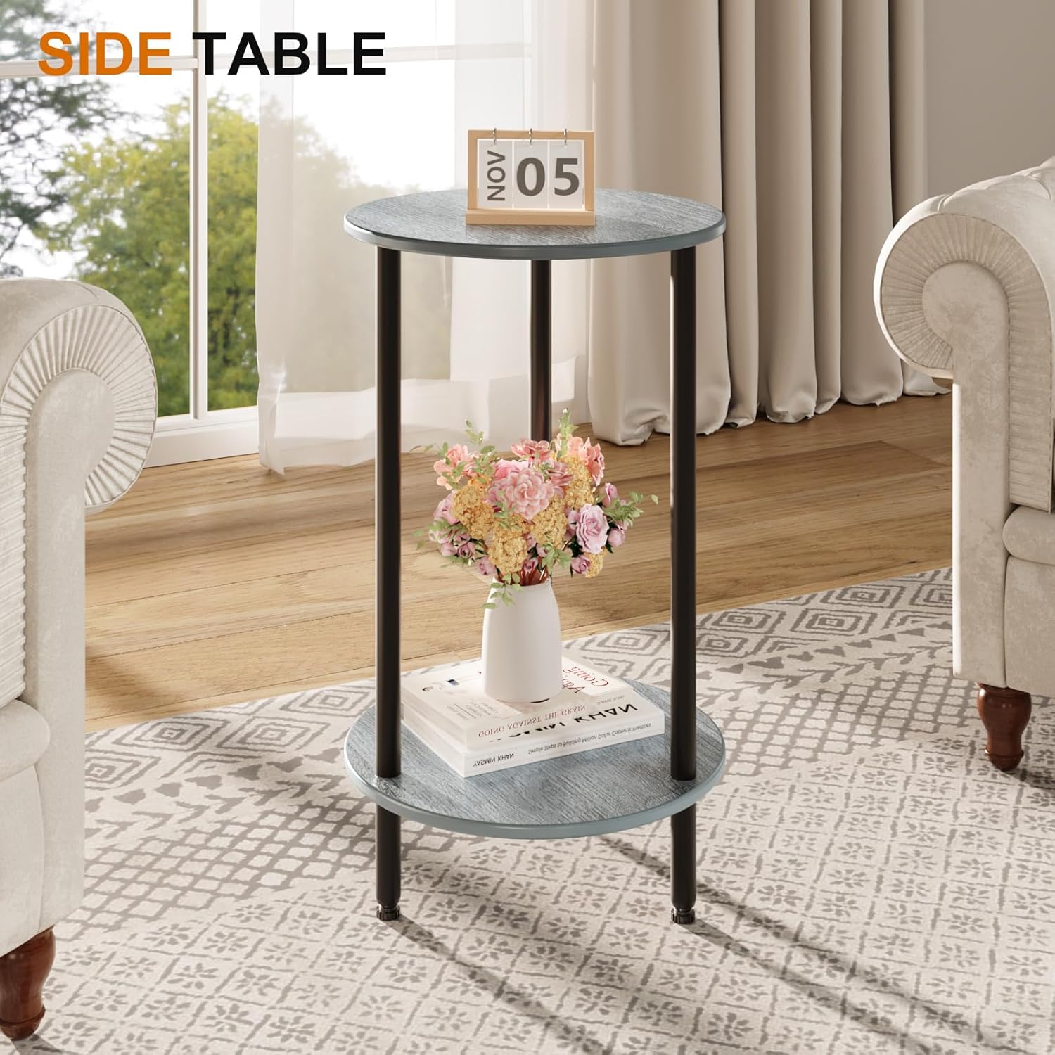 Round Side Table Set of 2, Grey Round End Table with Storage, 2-Tier Modern Accent Table, Small Bedside Table for Living Room, Bedroom-Grey