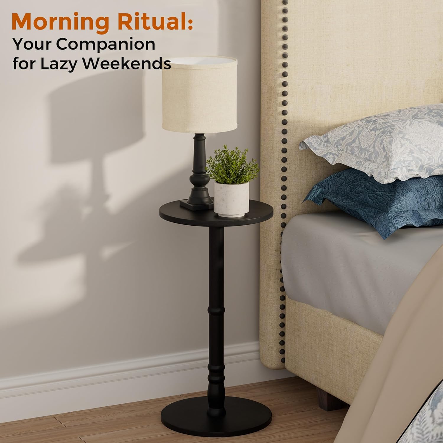 Homleke 12" Round Side Tables Set of 2, Solid Wood Pillar with Wood Top & Base, Small Drink Accent Table for Living Room, Bedroom, Sofa & Office, Easy Assembly, Black