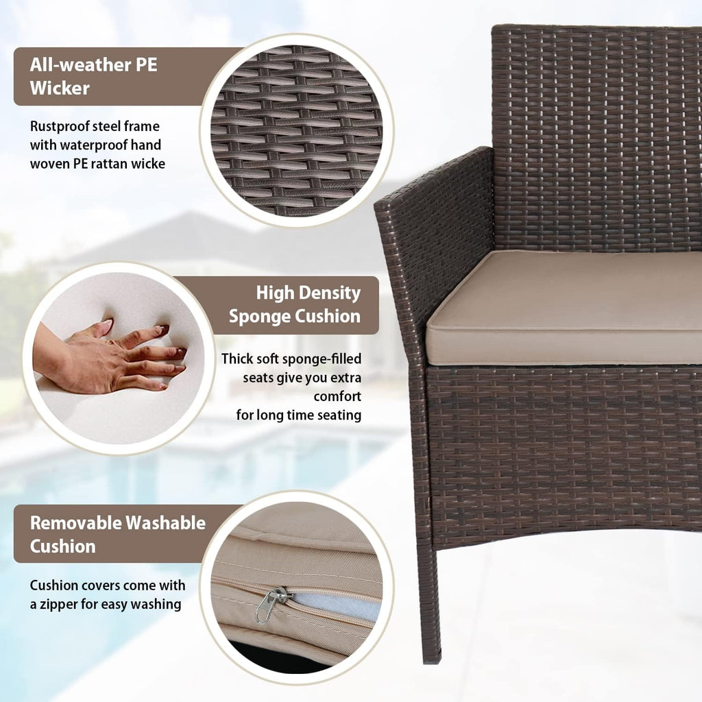 3-Piece Outdoor Wicker Conversation Bistro Set Outdoor Patio Porch Furniture Sets for Yard, Garden with 2 PE Rattan Wicker Chairs, 2 Cushions,1 Coffee Table