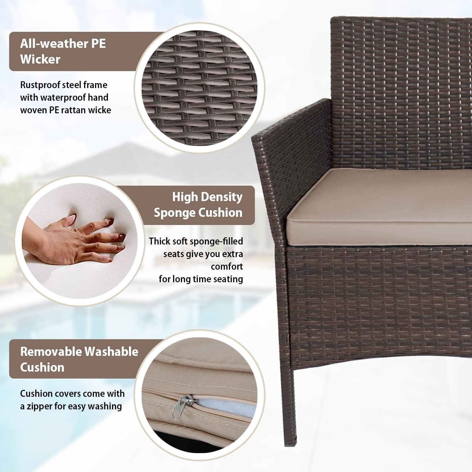 3-Piece Outdoor Wicker Conversation Bistro Set Outdoor Patio Porch Furniture Sets for Yard, Garden with 2 PE Rattan Wicker Chairs, 2 Cushions,1 Coffee Table