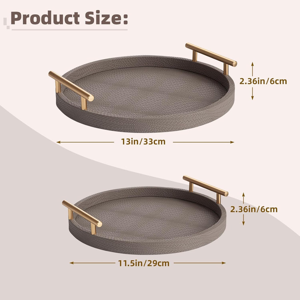 2 Piece Coffee Brown Round Serving Tray with Handles, Woven-Texture Faux Leather Ottoman Tray for Living Room, Decorative Tray for Coffee Table Home Decor
