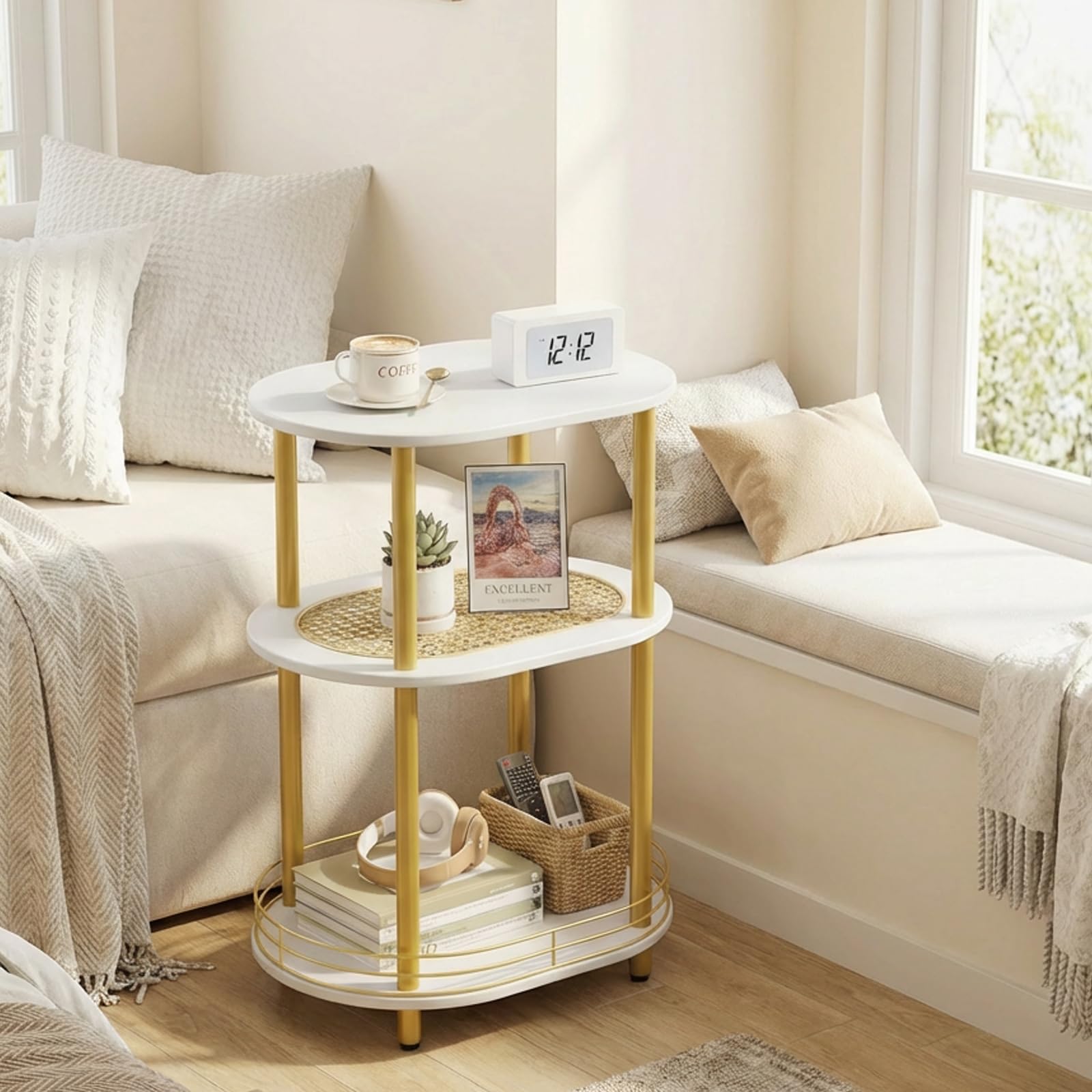 Round Side Table Set of 2, Grey Round End Table with Storage, 2-Tier Modern Accent Table, Small Bedside Table for Living Room, Bedroom-Grey