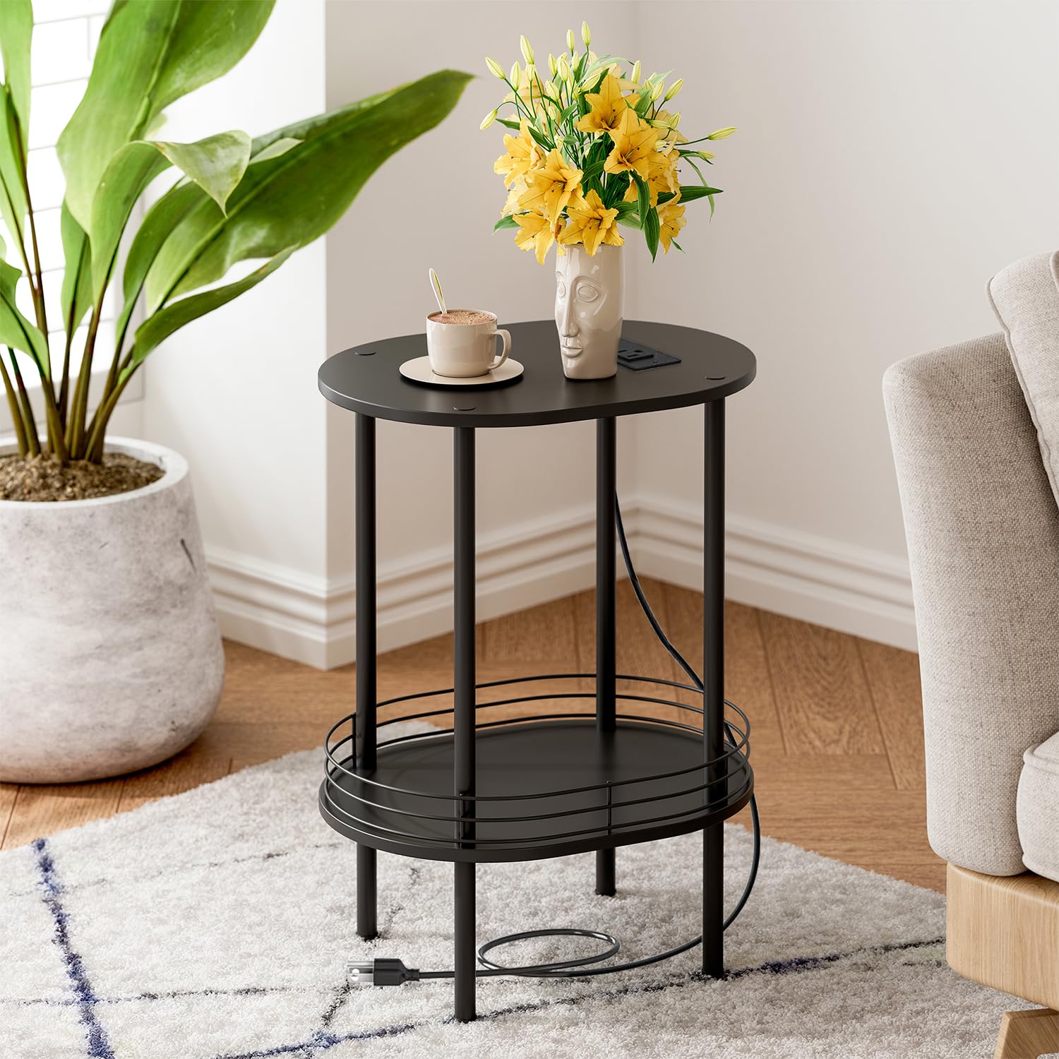 Nightstand Set of 2,Small Modern Round Side Table with Storage,2-Tier End Table for Small Space -Living Room,Bedroom, Nursery (2PC,Black)
