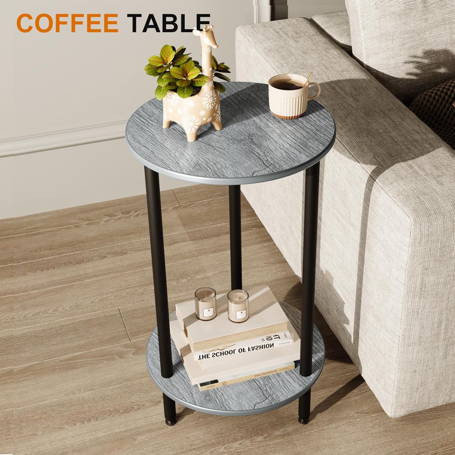 Round Side Table Set of 2, Grey Round End Table with Storage, 2-Tier Modern Accent Table, Small Bedside Table for Living Room, Bedroom-Grey