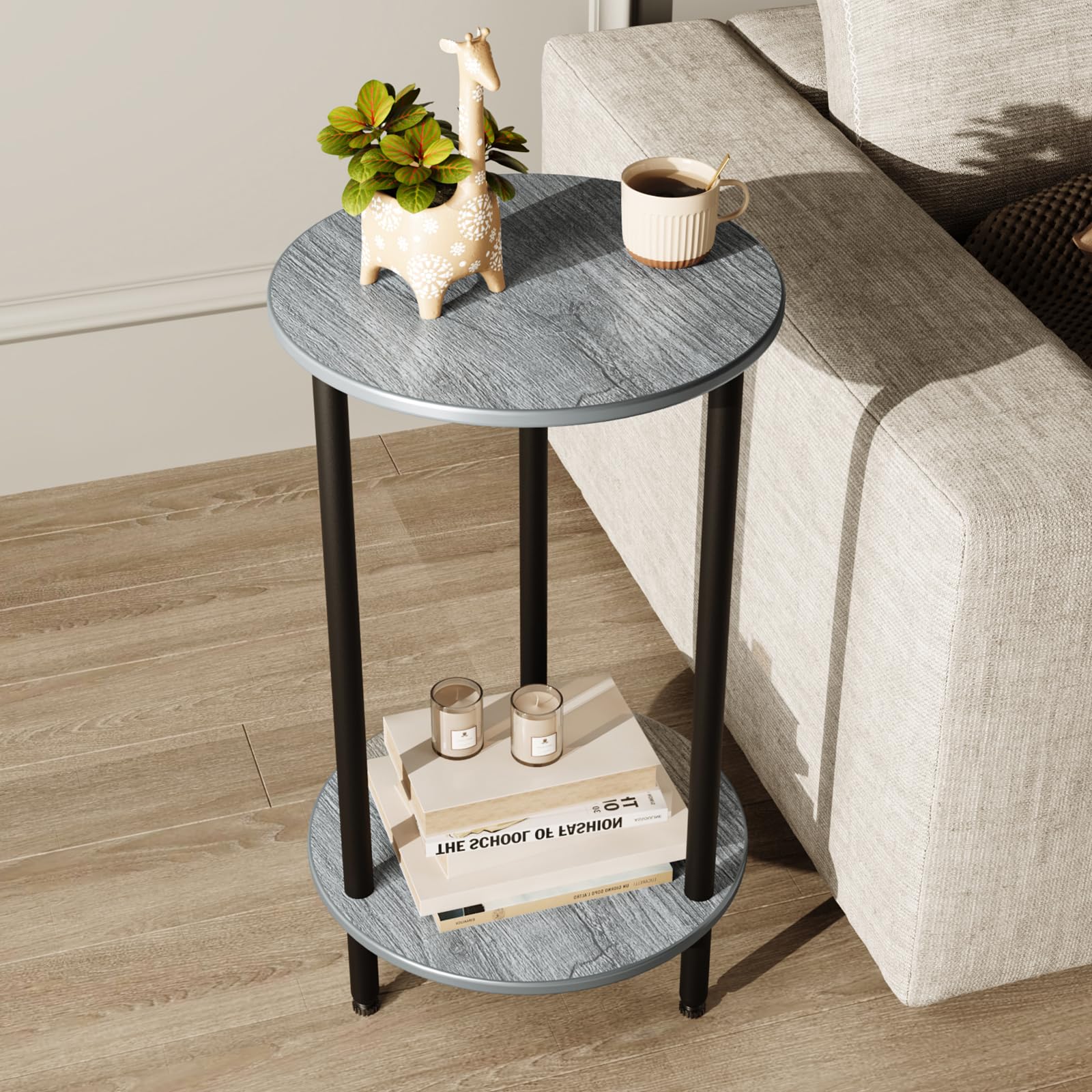 Round Side Table Set of 2, Grey Round End Table with Storage, 2-Tier Modern Accent Table, Small Bedside Table for Living Room, Bedroom-Grey