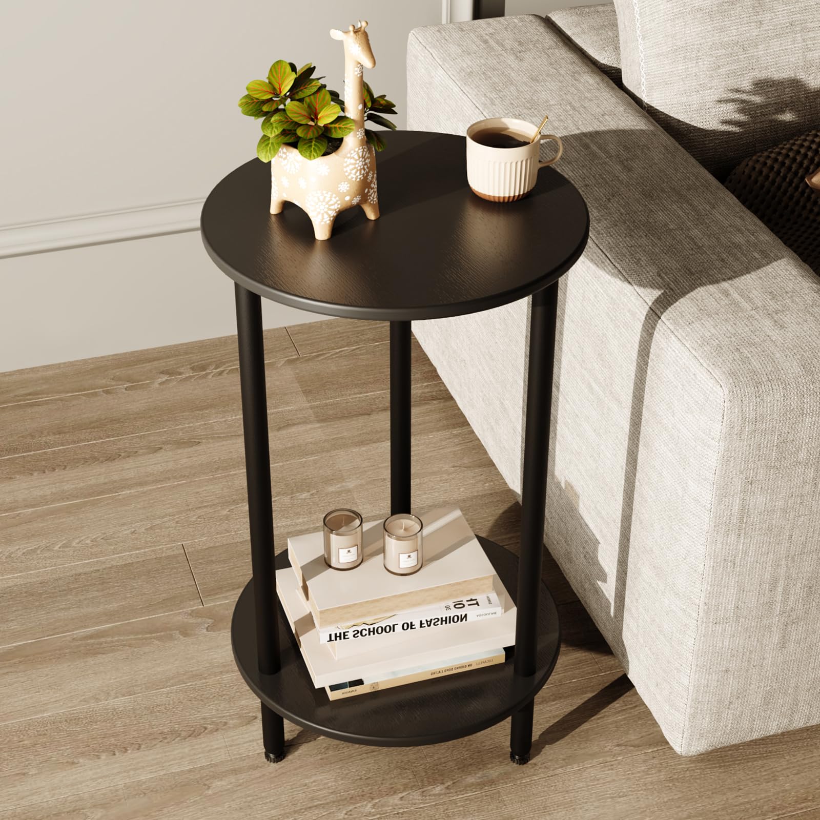 Round Side Table Set of 2, Grey Round End Table with Storage, 2-Tier Modern Accent Table, Small Bedside Table for Living Room, Bedroom-Grey