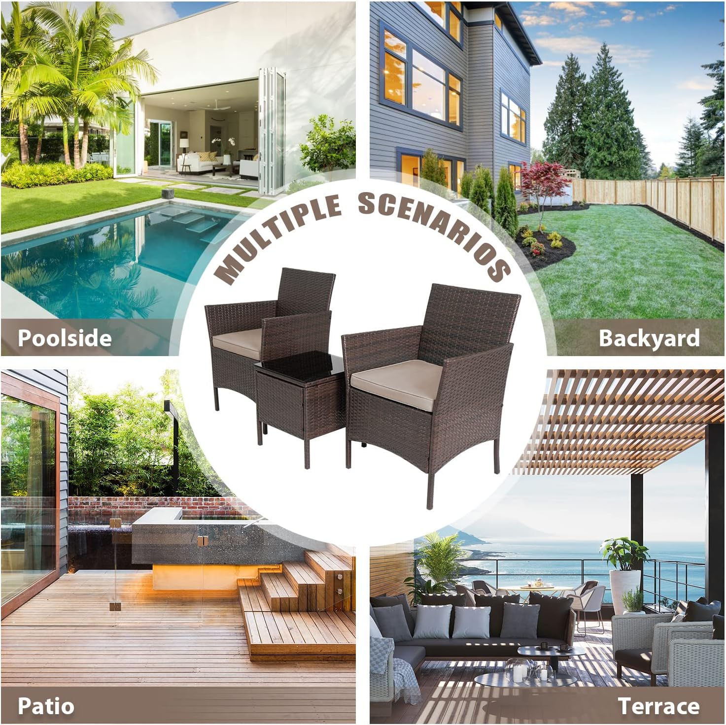 3-Piece Outdoor Wicker Conversation Bistro Set Outdoor Patio Porch Furniture Sets for Yard, Garden with 2 PE Rattan Wicker Chairs, 2 Cushions,1 Coffee Table