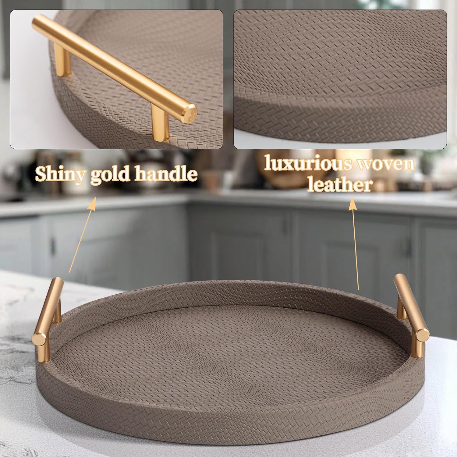 2 Piece Coffee Brown Round Serving Tray with Handles, Woven-Texture Faux Leather Ottoman Tray for Living Room, Decorative Tray for Coffee Table Home Decor