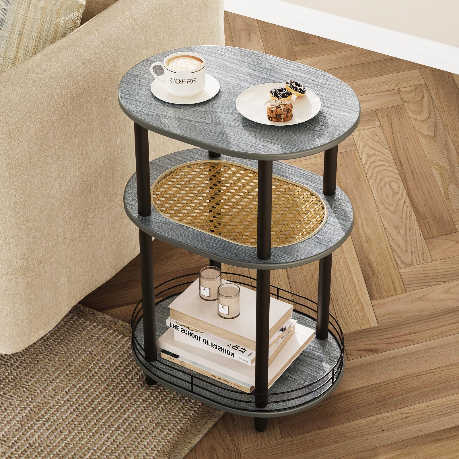 Round Side Table Set of 2, Grey Round End Table with Storage, 2-Tier Modern Accent Table, Small Bedside Table for Living Room, Bedroom-Grey