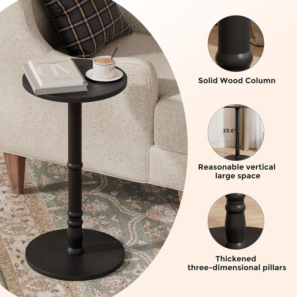 Homleke 12" Round Side Tables Set of 2, Solid Wood Pillar with Wood Top & Base, Small Drink Accent Table for Living Room, Bedroom, Sofa & Office, Easy Assembly, Black