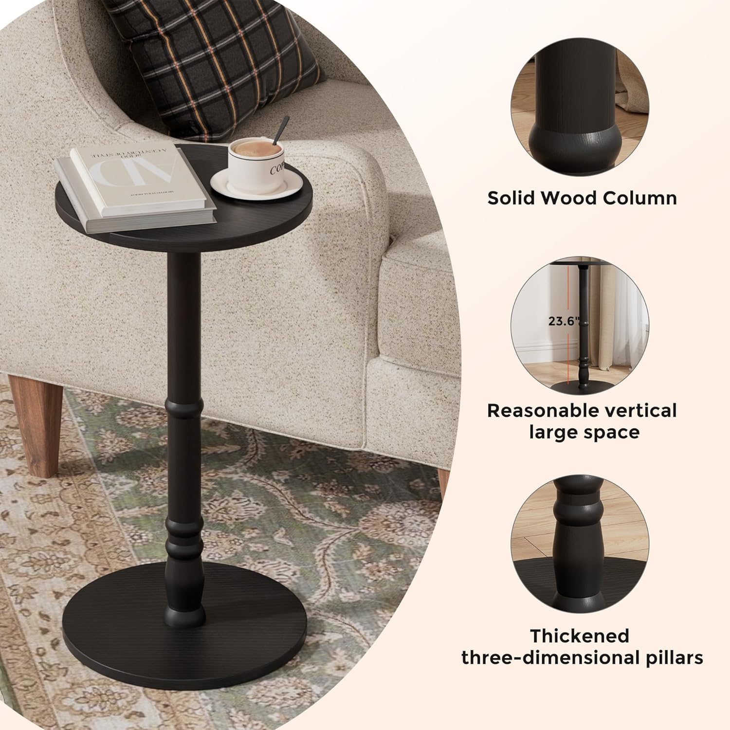 Homleke 12" Round Side Tables Set of 2, Solid Wood Pillar with Wood Top & Base, Small Drink Accent Table for Living Room, Bedroom, Sofa & Office, Easy Assembly, Black