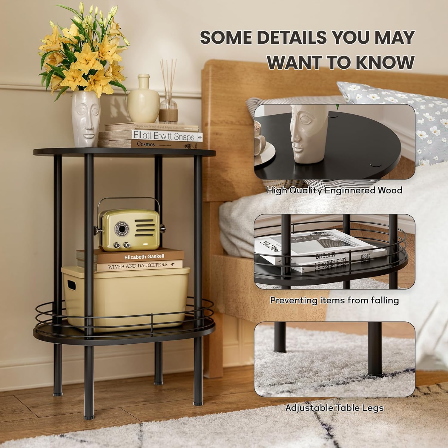 Nightstand Set of 2,Small Modern Round Side Table with Storage,2-Tier End Table for Small Space -Living Room,Bedroom, Nursery (2PC,Black)