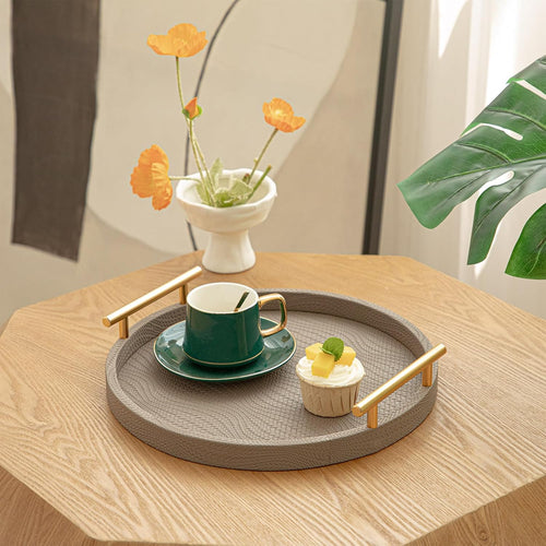 2 Piece Coffee Brown Round Serving Tray with Handles, Woven-Texture Faux Leather Ottoman Tray for Living Room, Decorative Tray for Coffee Table Home Decor