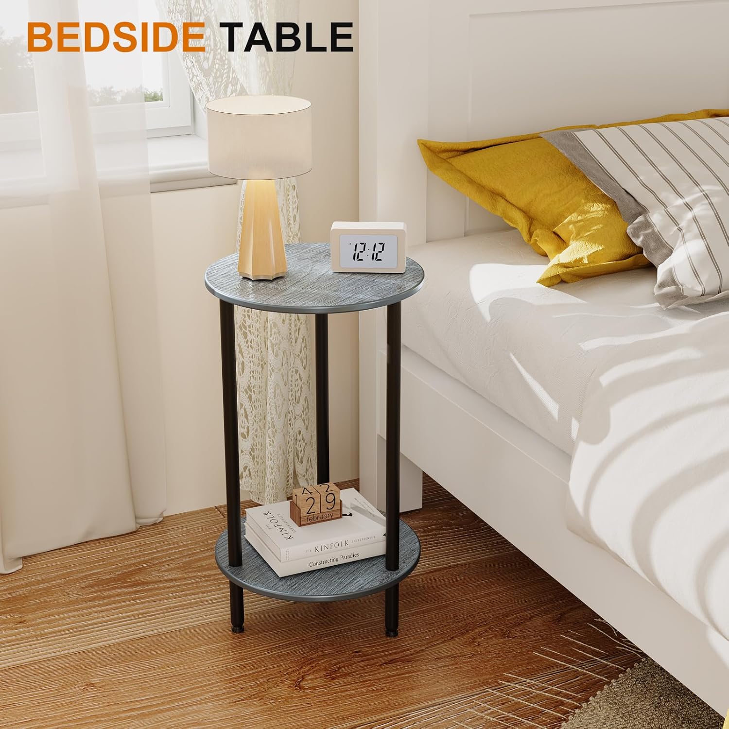 Round Side Table Set of 2, Grey Round End Table with Storage, 2-Tier Modern Accent Table, Small Bedside Table for Living Room, Bedroom-Grey