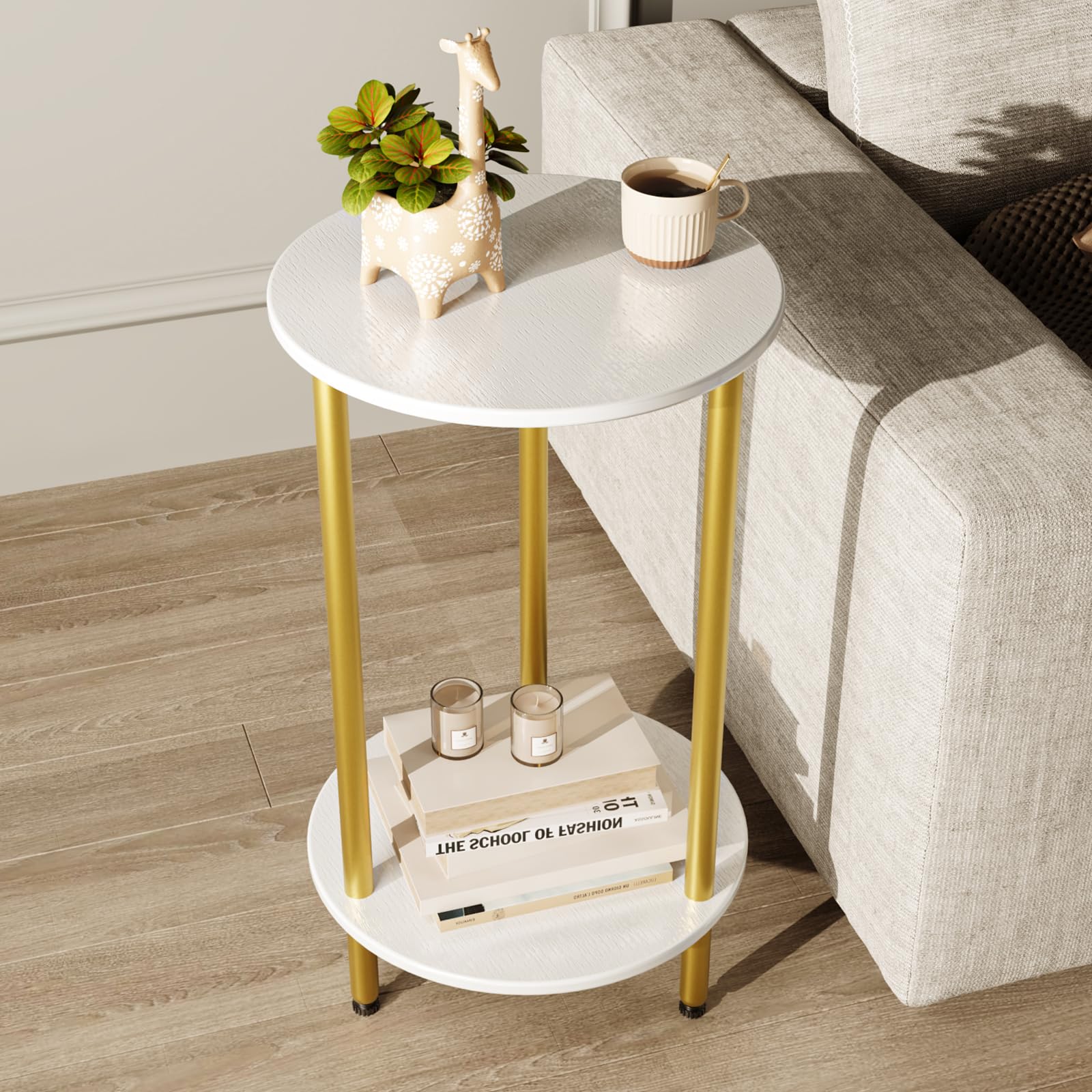 Round Side Table Set of 2, Grey Round End Table with Storage, 2-Tier Modern Accent Table, Small Bedside Table for Living Room, Bedroom-Grey