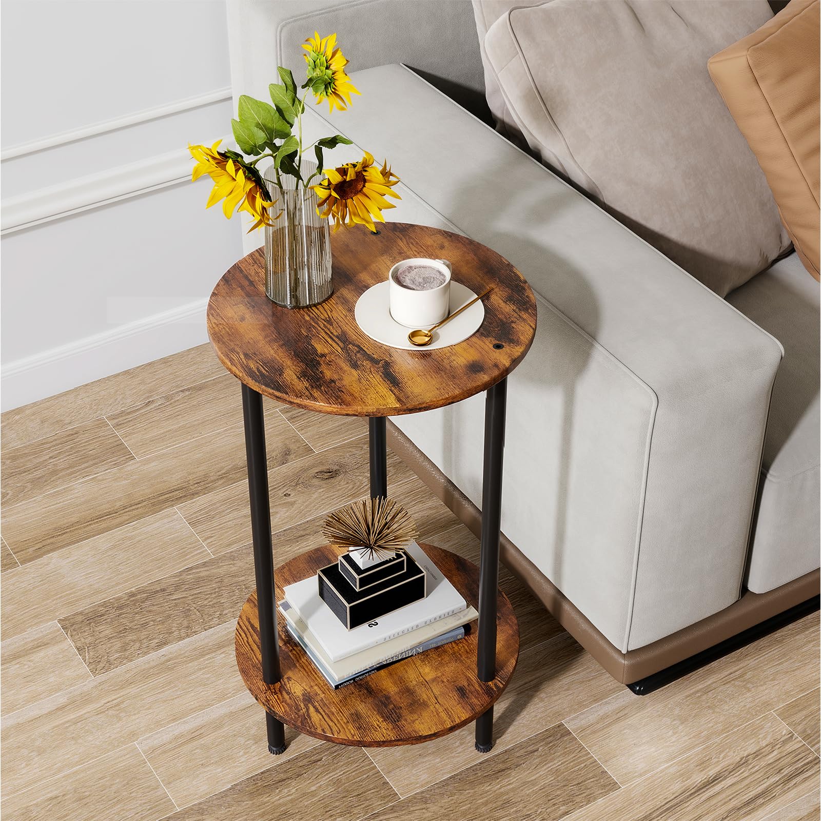 Round Side Table Set of 2, Grey Round End Table with Storage, 2-Tier Modern Accent Table, Small Bedside Table for Living Room, Bedroom-Grey