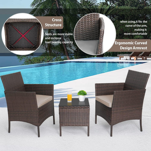 3-Piece Outdoor Wicker Conversation Bistro Set Outdoor Patio Porch Furniture Sets for Yard, Garden with 2 PE Rattan Wicker Chairs, 2 Cushions,1 Coffee Table