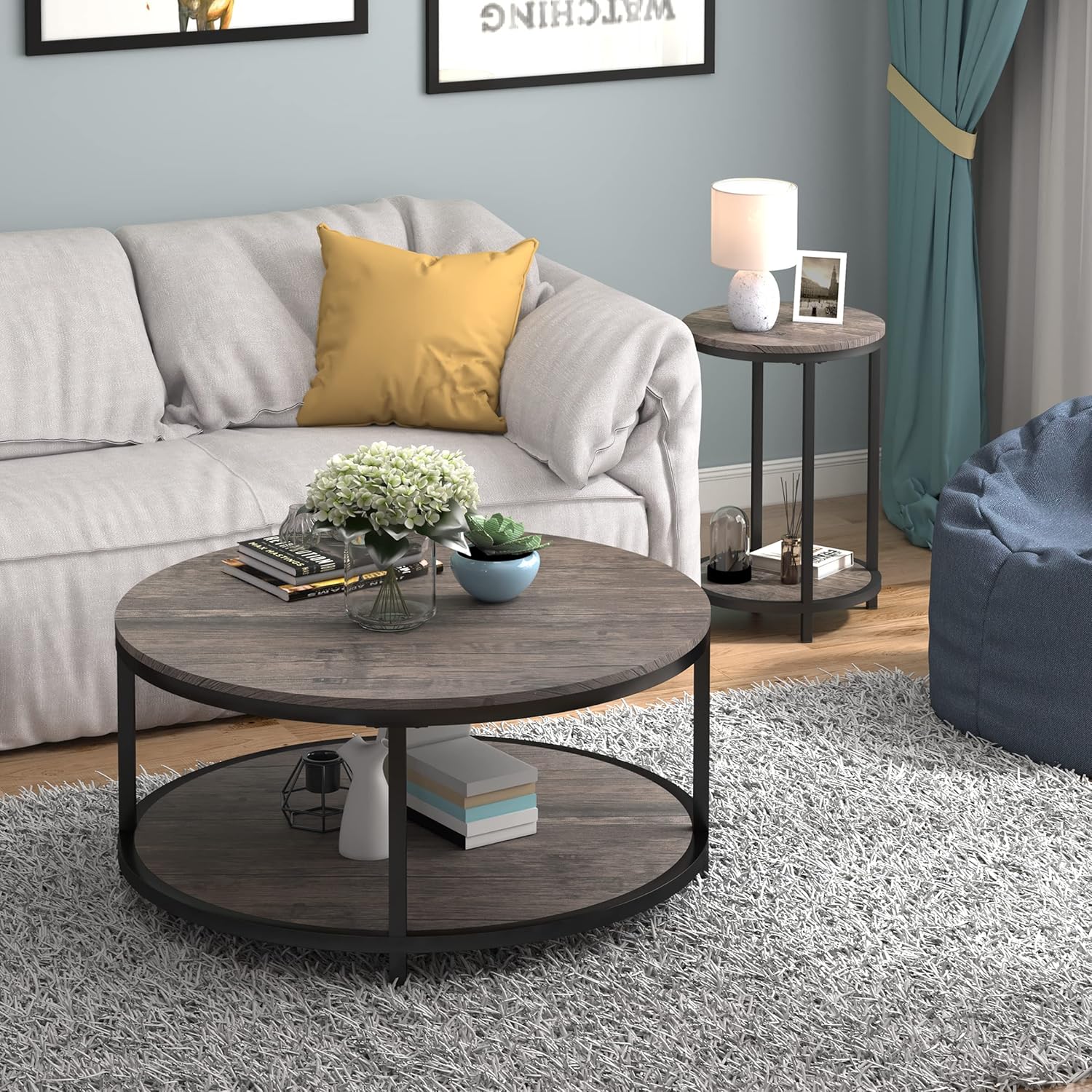 NSdirect Round Side Table Set of 2,16in Rustic Wooden End Table Surface Top & Sturdy Metal Legs Nightstand for Living Room Bedroom Farmhouse Sofa Table with Storage Open Shelf,Light Walnut